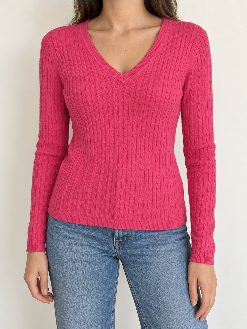 Tommy Hilfiger Women's Cable Knit V-Neck Sweater - Bright Pink